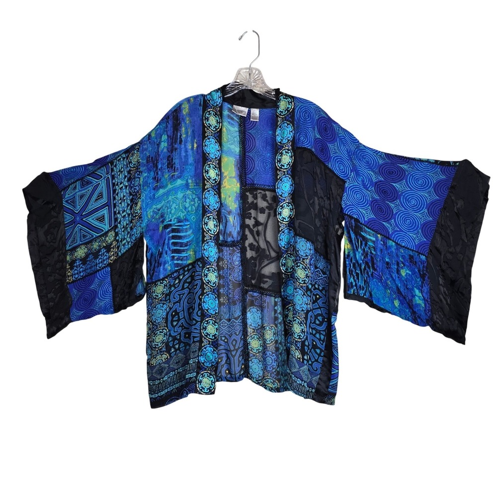 Chico's Silk Blend Patchwork Kimono Jacket Blue Purple Burnout Velvet Size S/M